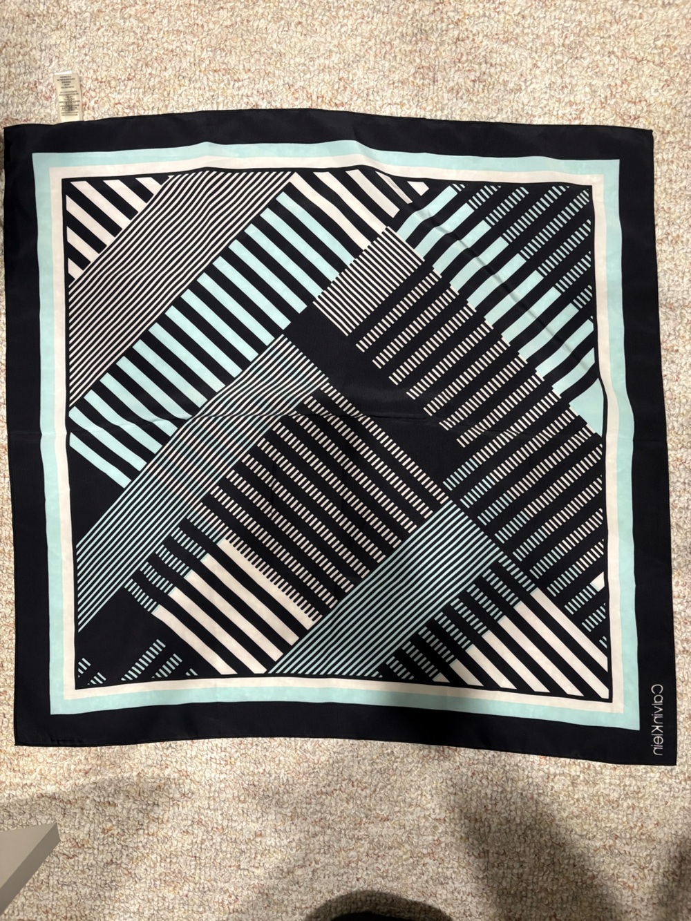 Calvin Klein Black & Mint Geometric Stripe Silk Scarf